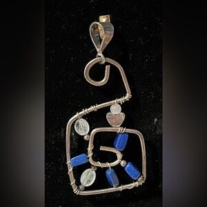 Handcrafted sea Glass Blue Geometric Pendant w Silver Wire Hearts